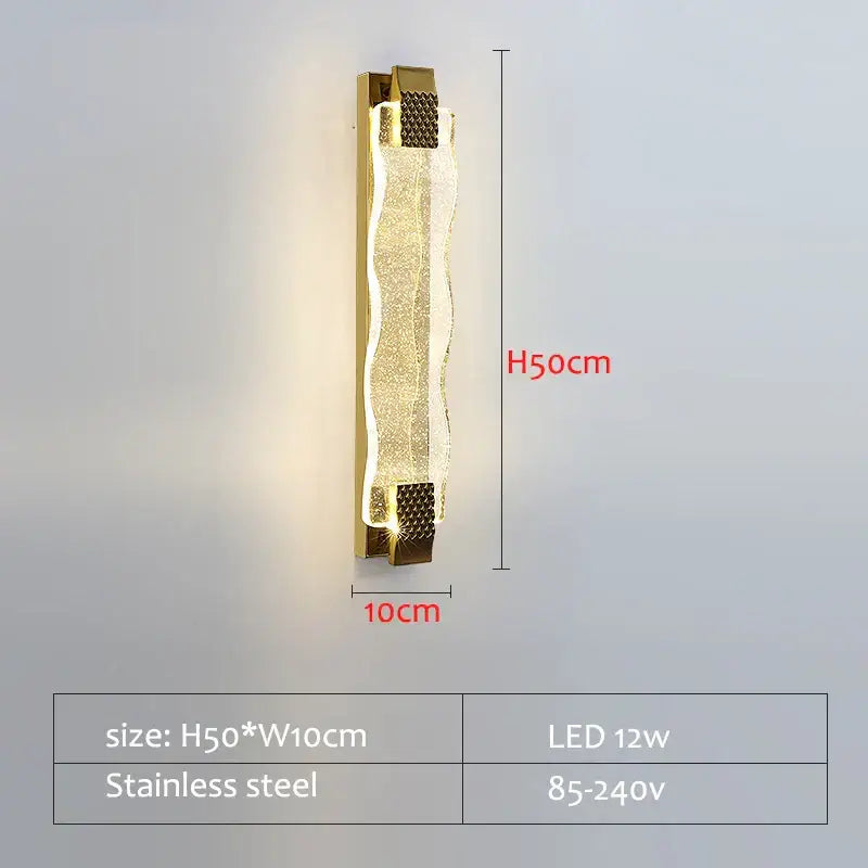 Luxury gold crystal led wall sconce with textured translucent glass and stainless steel frame for elegant decorbites crystal led wall lighting