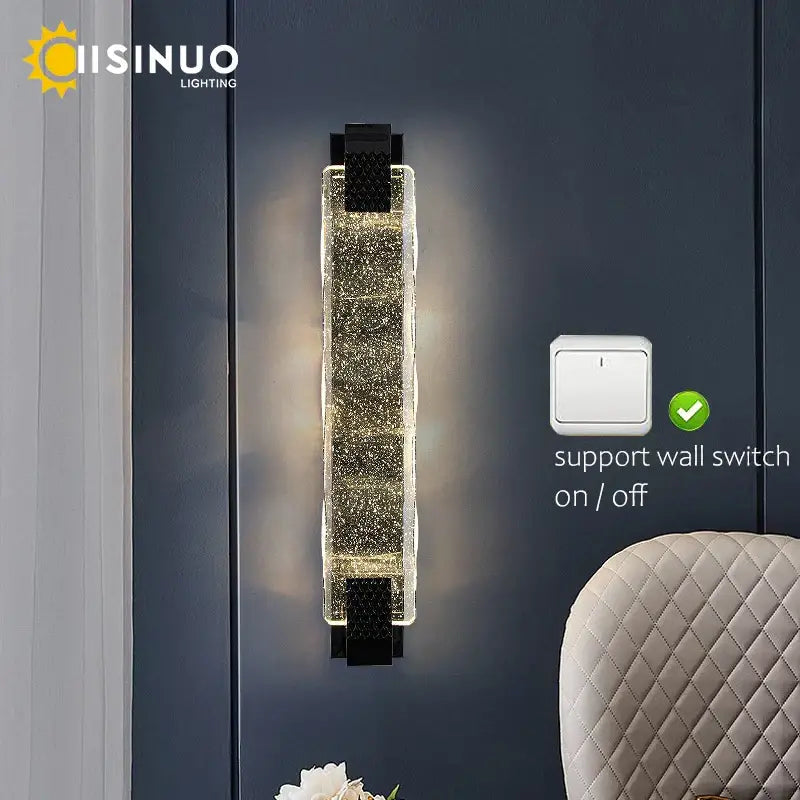 Modern luxury gold crystal led wall sconce with sparkling gold glass panel and black textured accents for living room decorbites crystal led