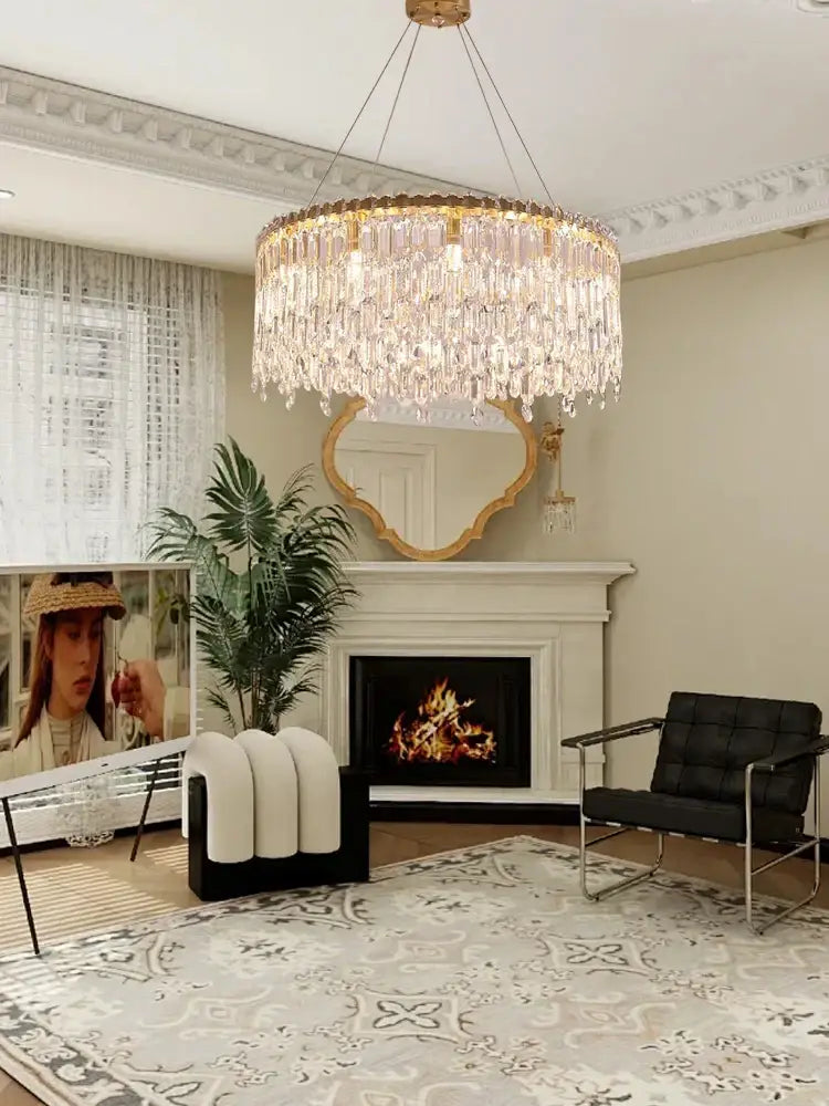 Luxury gold crystal pendant chandelier for living room with cascading prisms by decorbites crystal pendant