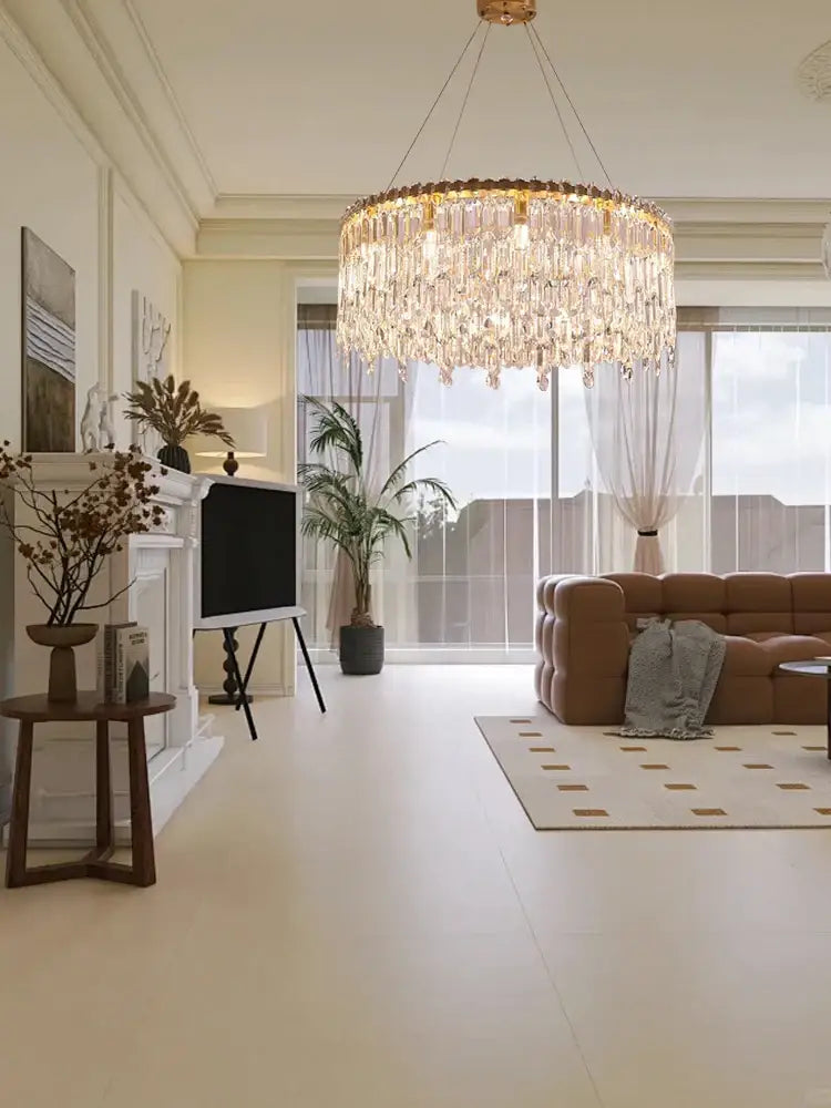 Luxury gold crystal pendant chandelier with clear crystal prisms for living room decorbites crystal pendant design