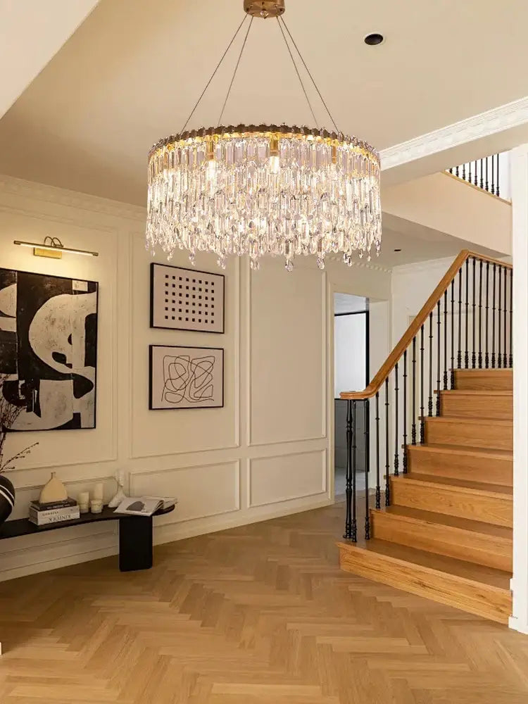 Luxury gold crystal pendant chandelier with a crystal pendant chandelier design featuring decorbites crystal prisms for living room decor
