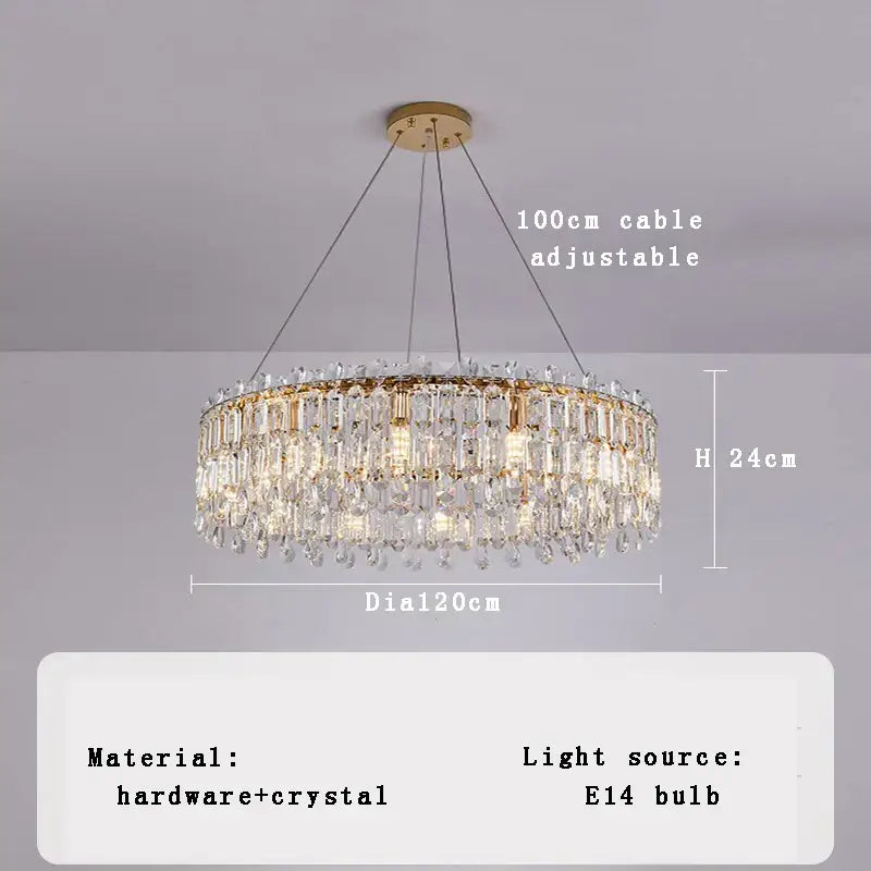 Luxury gold crystal pendant chandelier with cascading clear prisms and circular frame for living room decorbites crystal pendant
