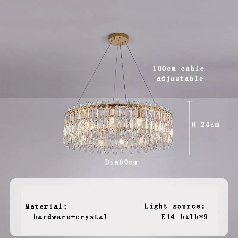 Luxury gold crystal pendant chandelier with multi-tier clear crystal prisms and droplets for living room decorbites crystal pendant