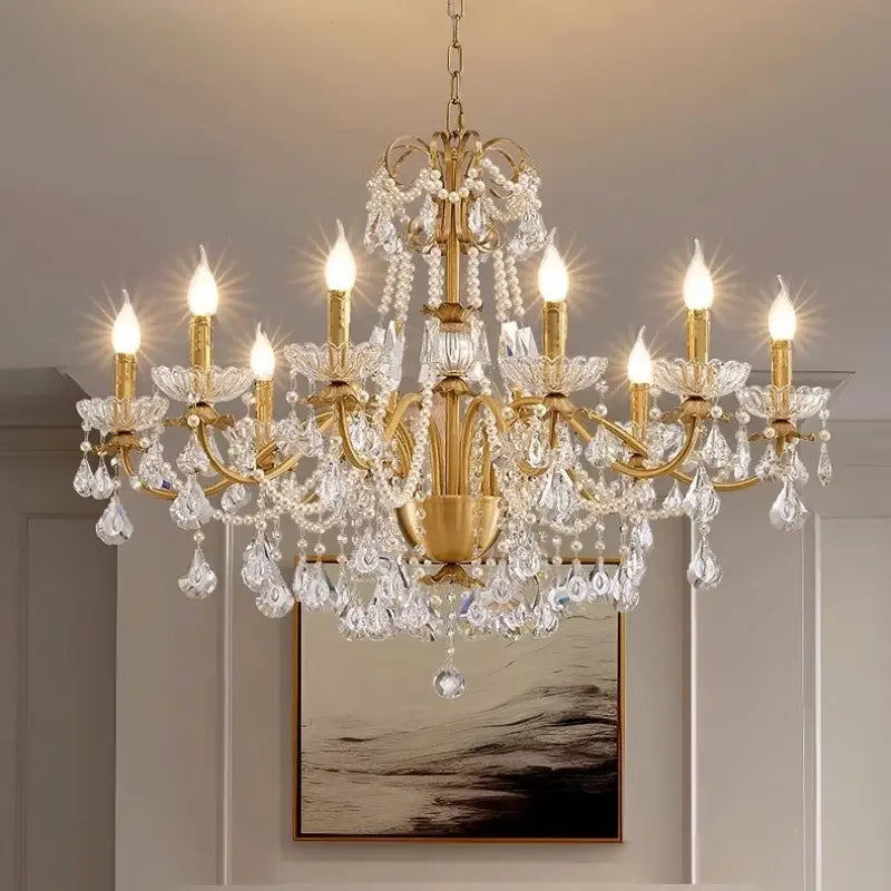 Luxury gold crystal pendant chandelier foyer light with clear crystal droplets and pearl strands decorbites crystal pendant