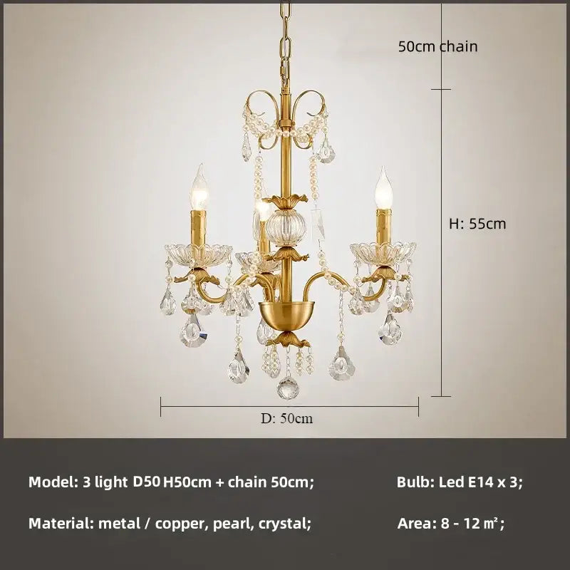 Luxury gold crystal pendant chandelier foyer light with three arms, crystal droplets, pearl accents, and decorbites crystal pendant design