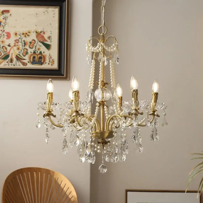 Luxury gold crystal pendant chandelier foyer light with clear crystal droplets and white pearl strands decorbites crystal pendant