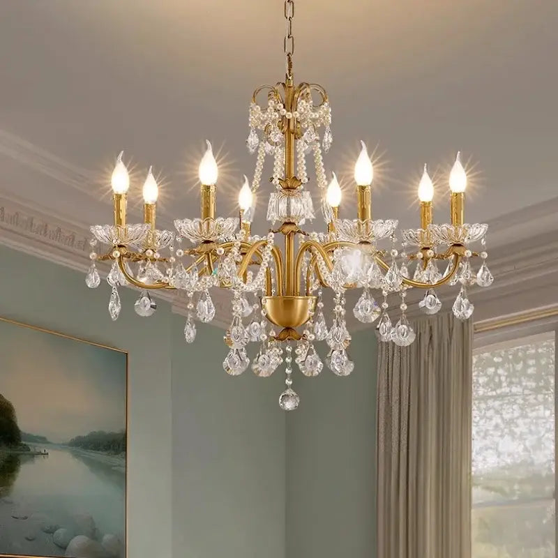 Luxury gold crystal pendant chandelier with multiple arms, crystal droplets, and pearl strands for foyer decorbites crystal pendant