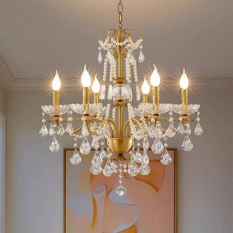 Luxury gold crystal pendant chandelier foyer light featuring crystal droplets candle-style bulbs and pearl strands decorbites crystal pendant
