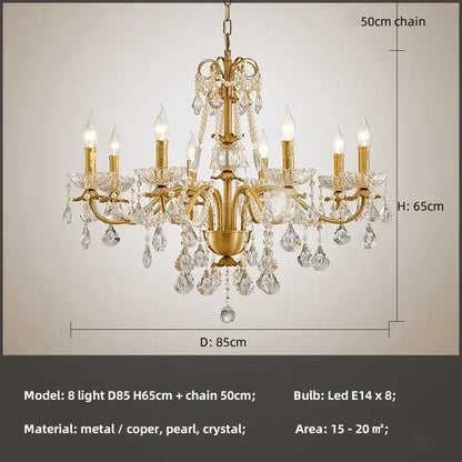 Luxury gold crystal pendant chandelier foyer light with eight arms crystal droplets and decorative pearl accents