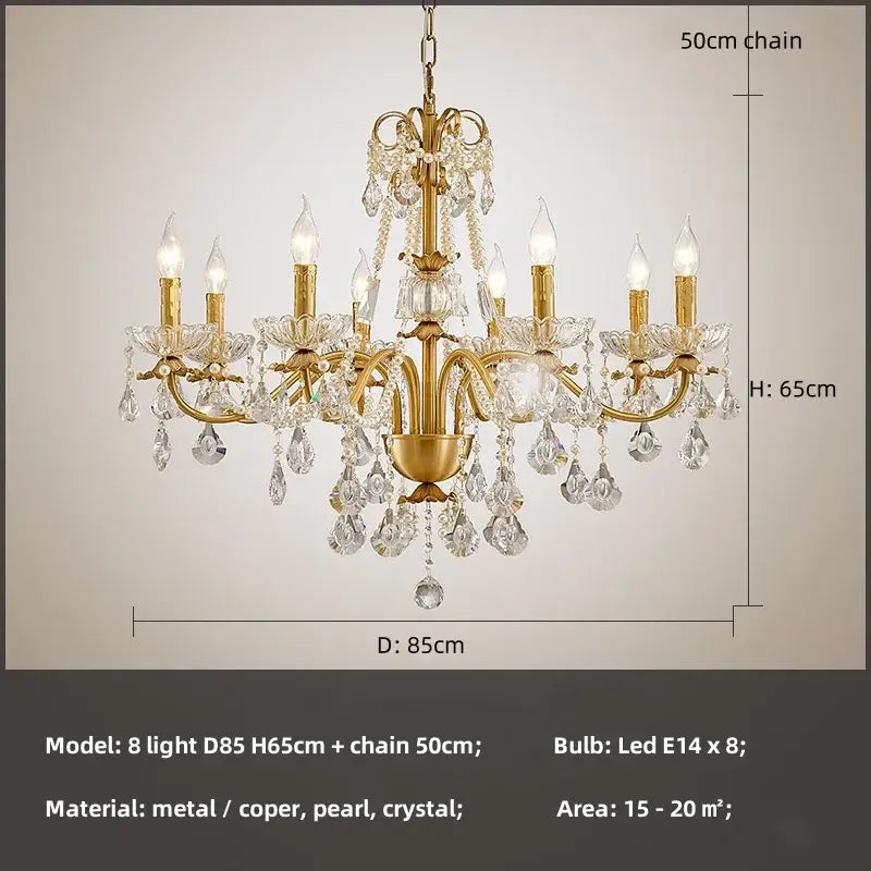 Luxury gold crystal pendant chandelier foyer light with eight arms crystal droplets and decorative pearl accents