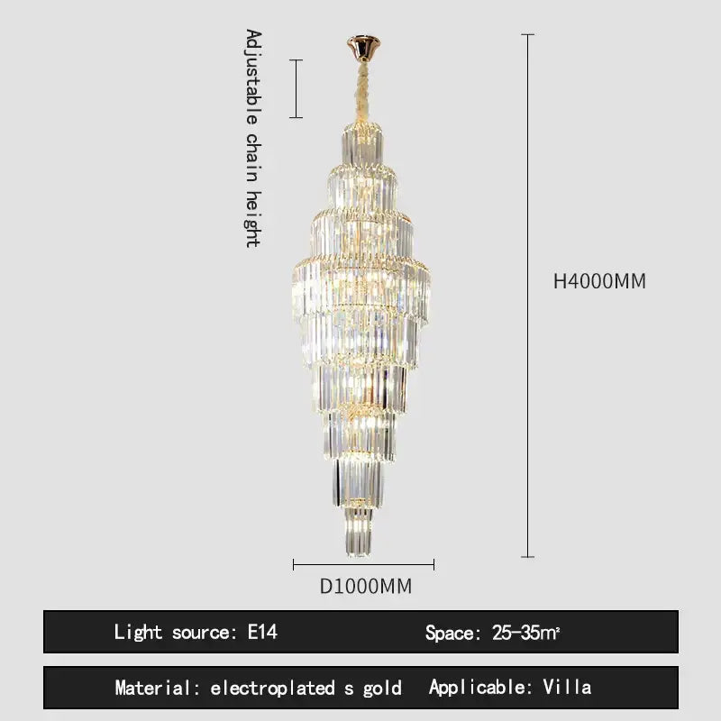 Luxury gold crystal pendant chandelier with tiered clear crystal prisms by decorbites for hotel lobby decor