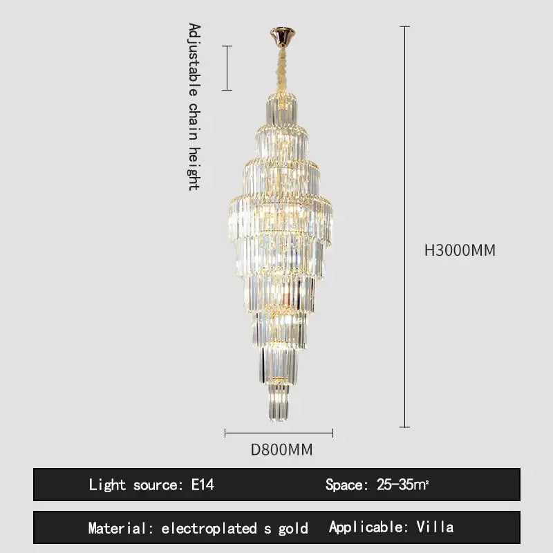Elegant decorbites crystal pendant chandelier with gold finish and clear prisms designed for villa spaces