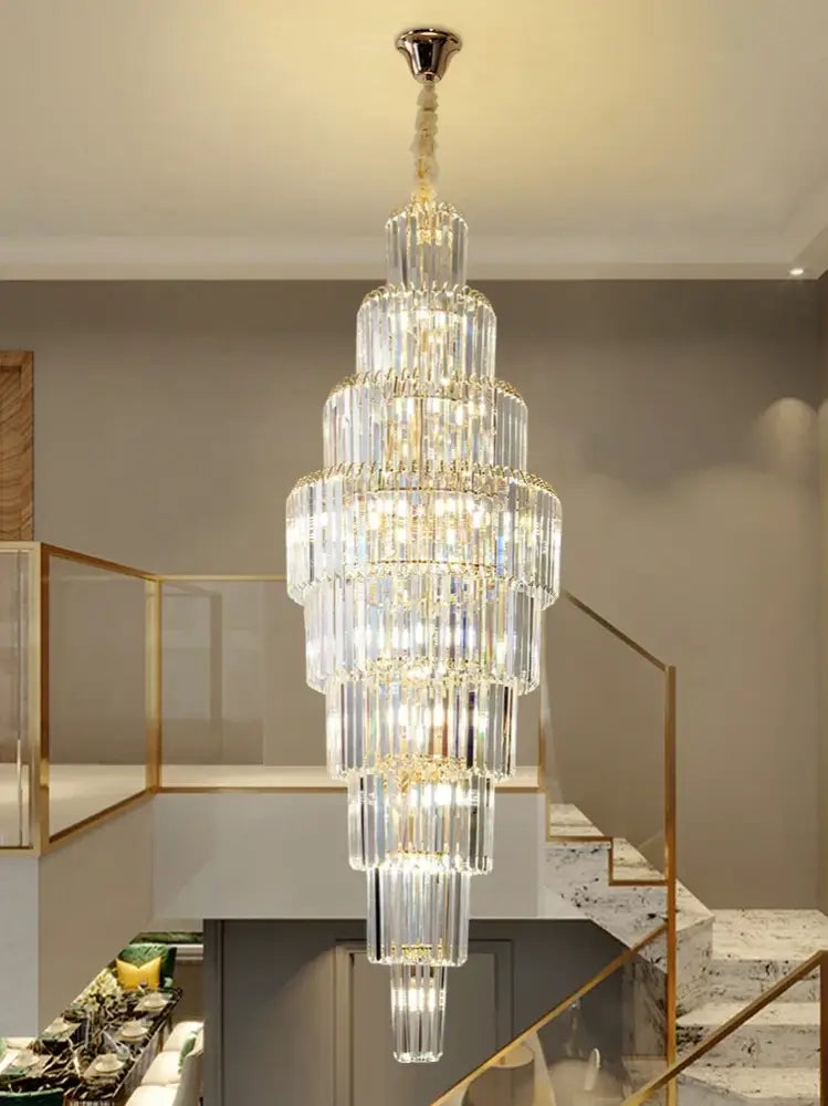 Luxury gold crystal pendant chandelier with multi-tiered clear glass rods and gold metal frame for hotel lobby decorbites crystal pendant