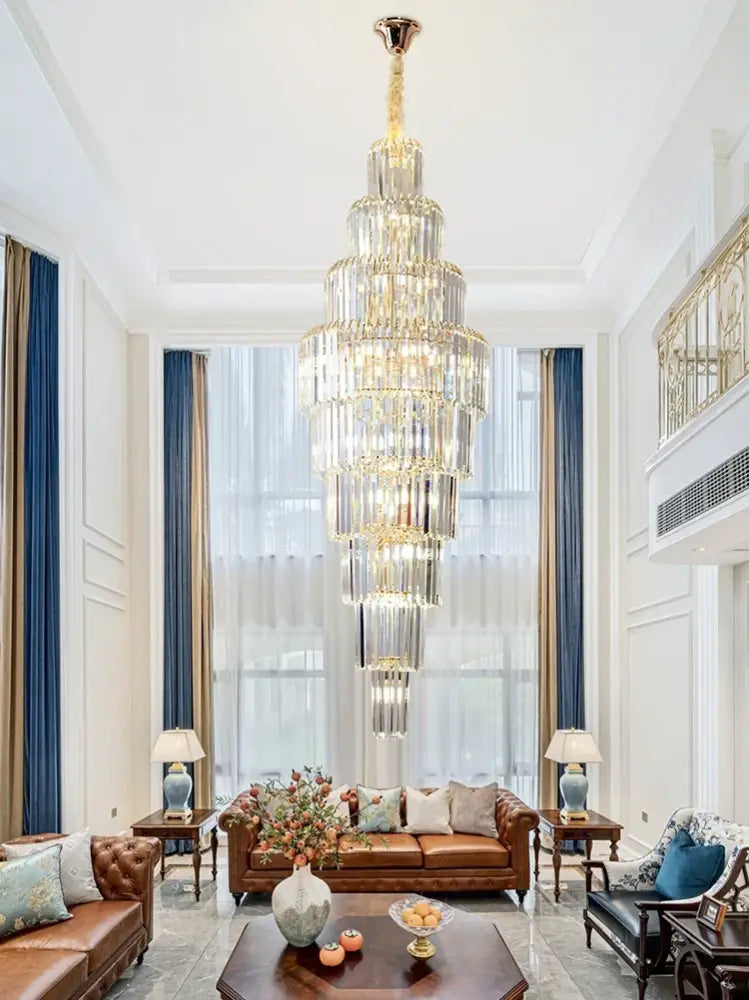 Luxury gold crystal pendant chandelier with tiered clear and amber glass prisms by decorbites crystal pendant