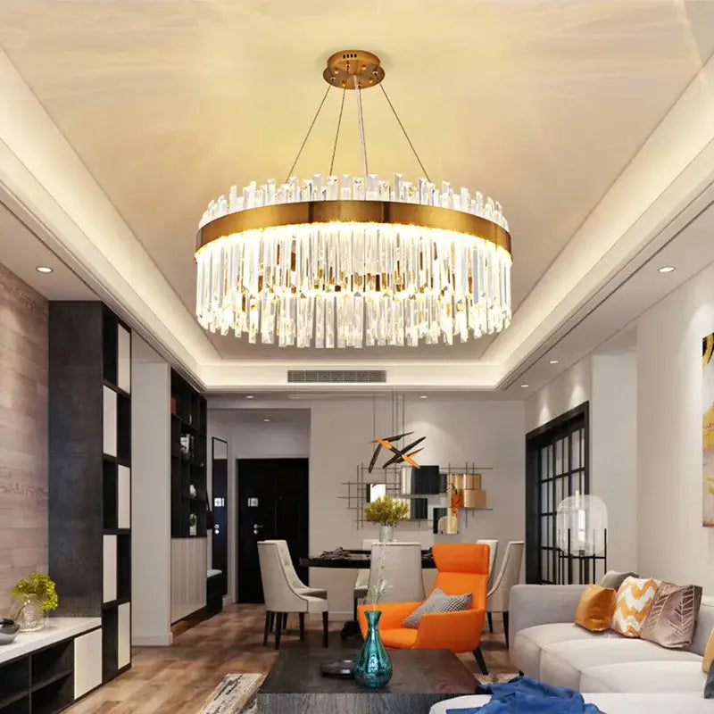 Luxury gold crystal pendant chandelier with cascading clear rods and gold frame ideal for living room decorbites crystal pendant