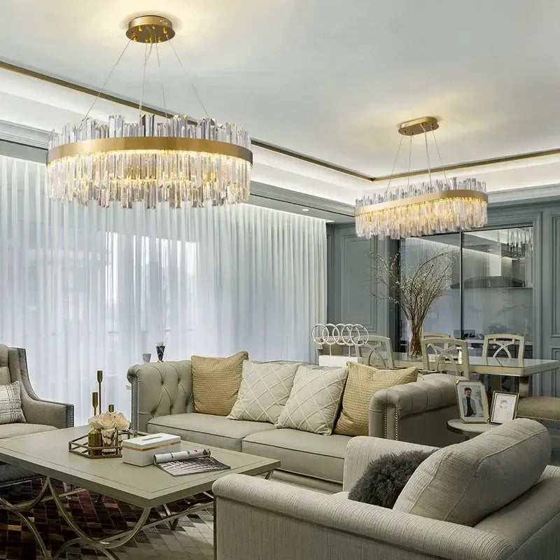 Luxury gold crystal pendant chandelier with cascading crystal prisms for elegant living room lighting decorbites crystal pendant