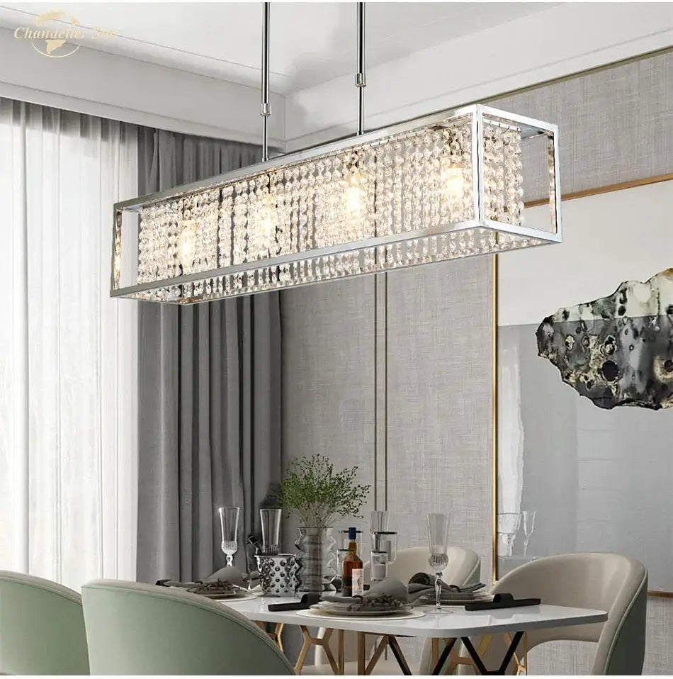 Luxury gold crystal rectangle chandelier with sleek silver frame and cascading beads for elegant dining room decorbites crystal rectangle