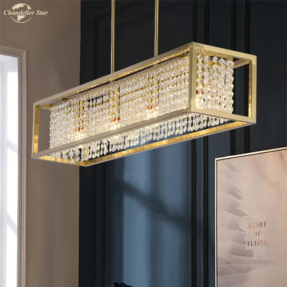 Luxury gold crystal rectangle chandelier featuring gold frame and cascading clear crystal beads for dining room decorbites crystal rectangle
