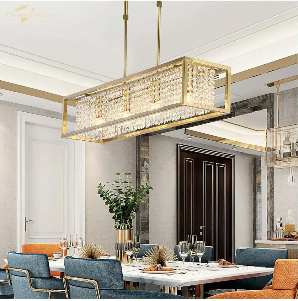 Luxury gold crystal rectangle chandelier with cascading crystal beads for elegant dining room decorbites crystal rectangle