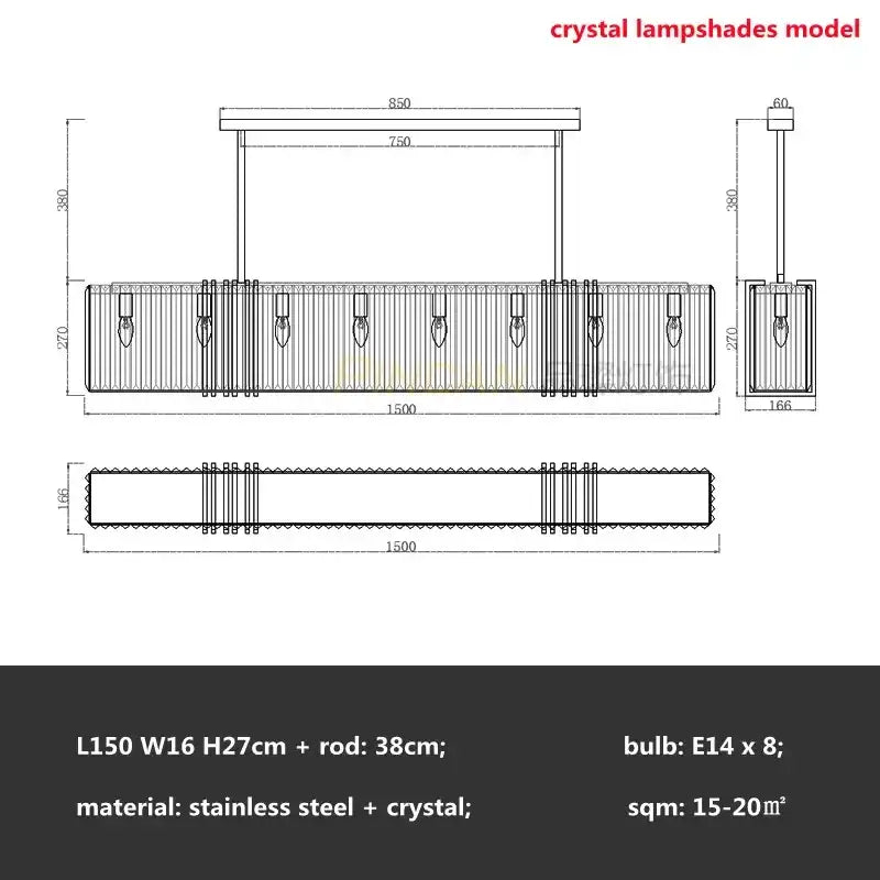 Luxury gold crystal rectangular pendant lights with stainless steel frame and eight e14 bulbs for dining room decorbites gold lustre