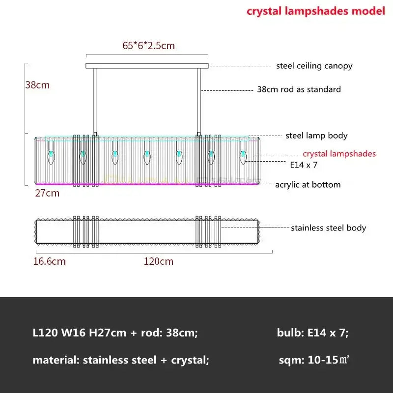 Luxury gold crystal rectangular pendant lights with stainless steel frame and seven lampshades for dining room decorbites gold lustre