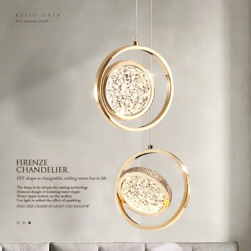 Luxury gold crystal ring pendant light featuring gold-toned circular chandeliers with sparkling textured glass inserts