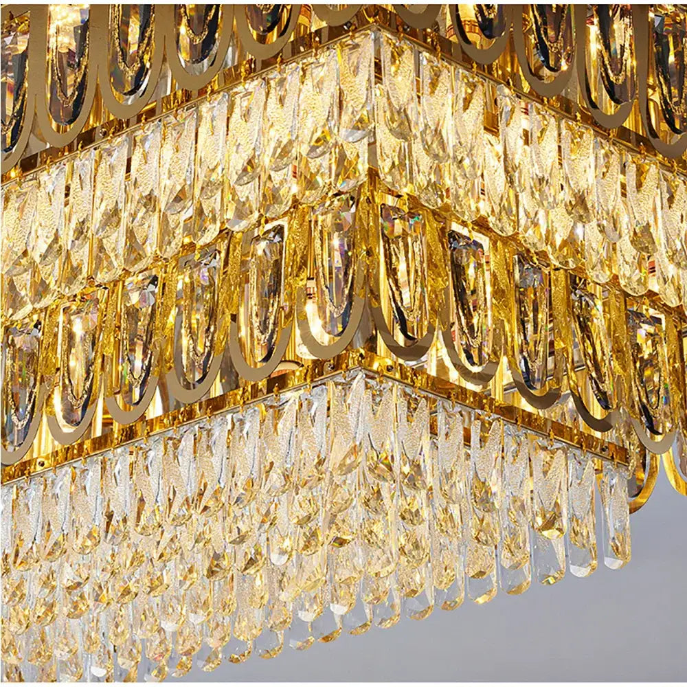 Luxury gold crystal round ceiling chandelier with tiered faceted clear crystals and polished gold frames for dining room decorbites crystal round