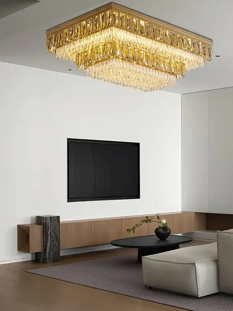 Luxury gold crystal round ceiling chandelier with cascading crystal droplets for dining room decorbites crystal round
