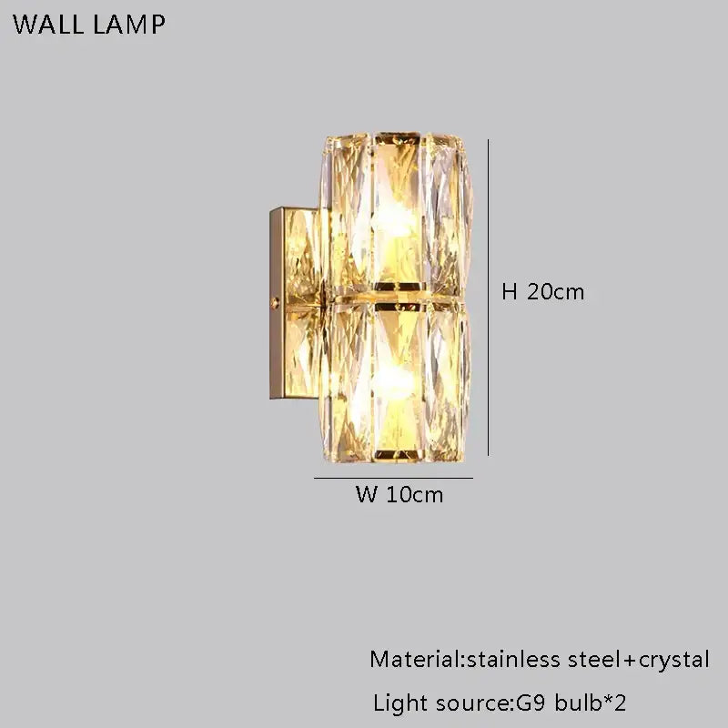 A modern wall lamp with two stacked faceted crystal columns on a stainless steel bracket for decorbites crystal round ceiling decor