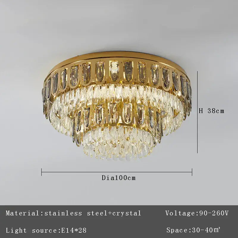 Luxury gold crystal round ceiling chandelier with faceted crystals and stainless steel frame for dining room decorbites crystal round
