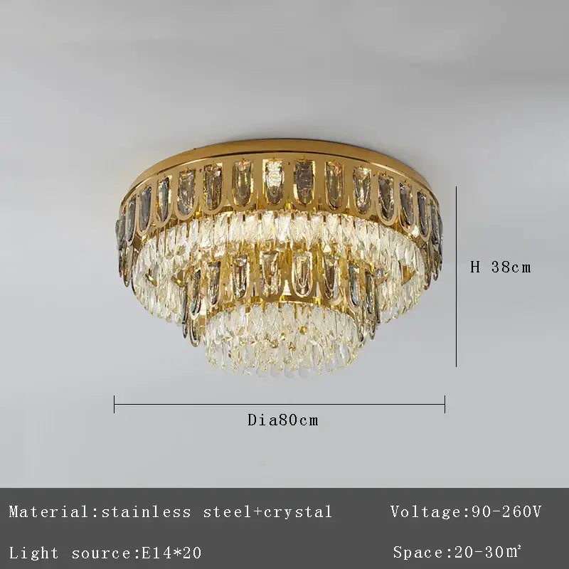 Luxury gold decorbites crystal round ceiling chandelier with clear faceted crystals on stainless steel frame for dining room
