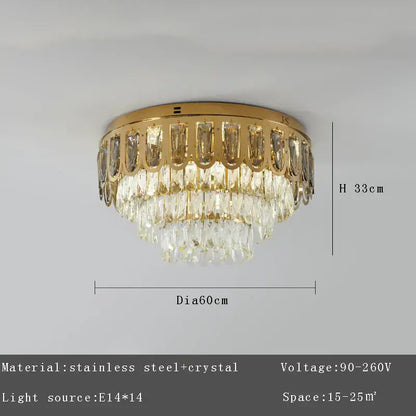 Luxury gold crystal round ceiling chandelier with cascading clear crystal droplets and stainless steel frame by decorbites crystal round decor
