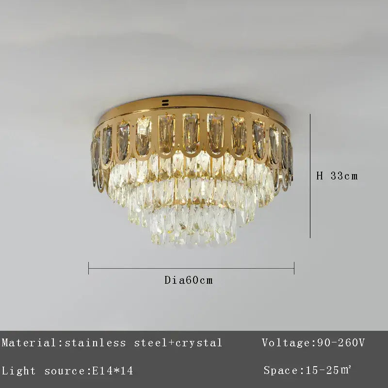 Luxury gold crystal round ceiling chandelier with cascading clear crystal droplets and stainless steel frame by decorbites crystal round decor