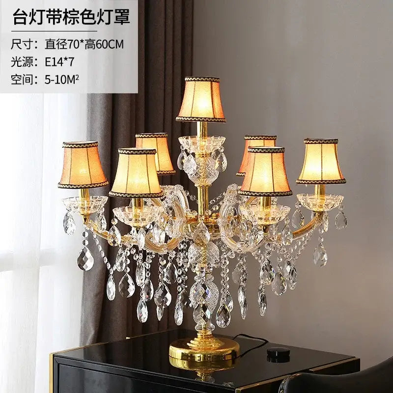 Elegant luxury gold crystal table light featuring amber shades and faceted crystals for a stylish bedroom chandelier lamp