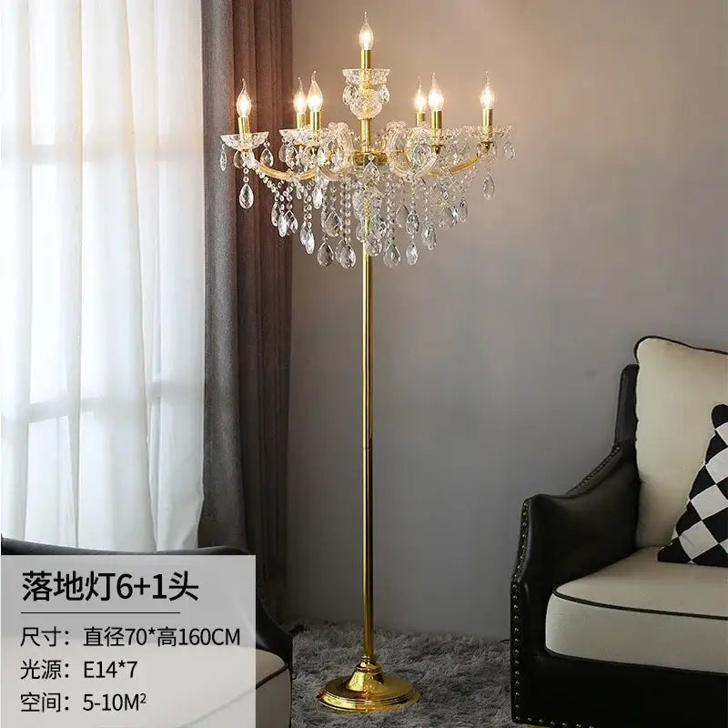 Luxury gold crystal table light chandelier lamp with six candle-like bulbs and dangling crystal droplets for bedroom