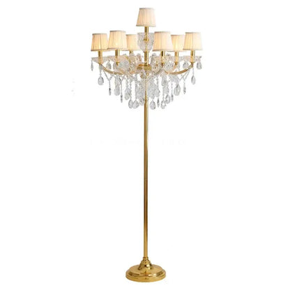 Luxury gold crystal table light chandelier floor lamp with nine cream fabric shades and dangling crystal droplets