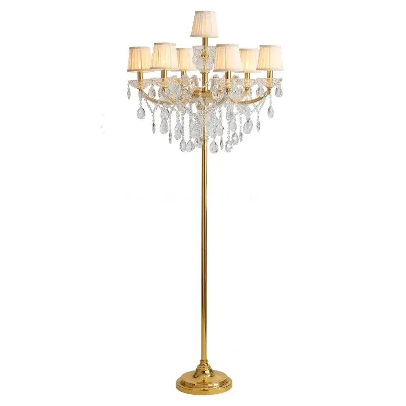 Luxury gold crystal table light chandelier floor lamp with nine cream fabric shades and dangling crystal droplets