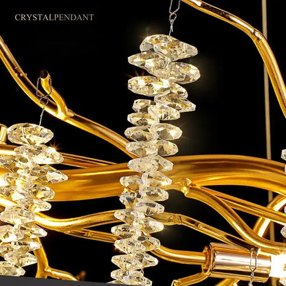 Luxury gold crystal tassel chandelier with clear faceted gemstones on an elegant gold-toned tree branch light decorbites crystal tassel