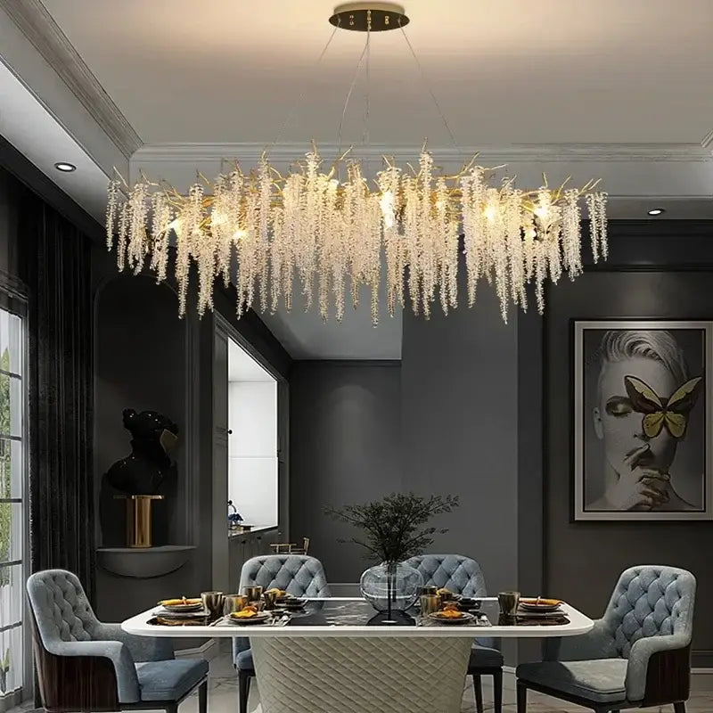 A luxury gold crystal tassel chandelier with a golden frame and clear crystal strands for living room decorbites decor