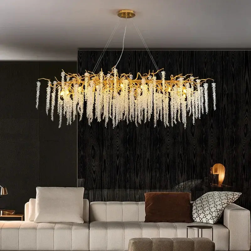 Luxury gold crystal tassel chandelier with cascading clear glass icicles on a branch-like metal frame for living room decorbites crystal tassel