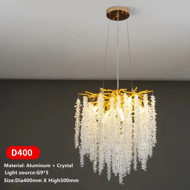 Luxury gold crystal tassel chandelier featuring branch-shaped design with cascading clear crystal droplets for living room decorbites crystal tassel