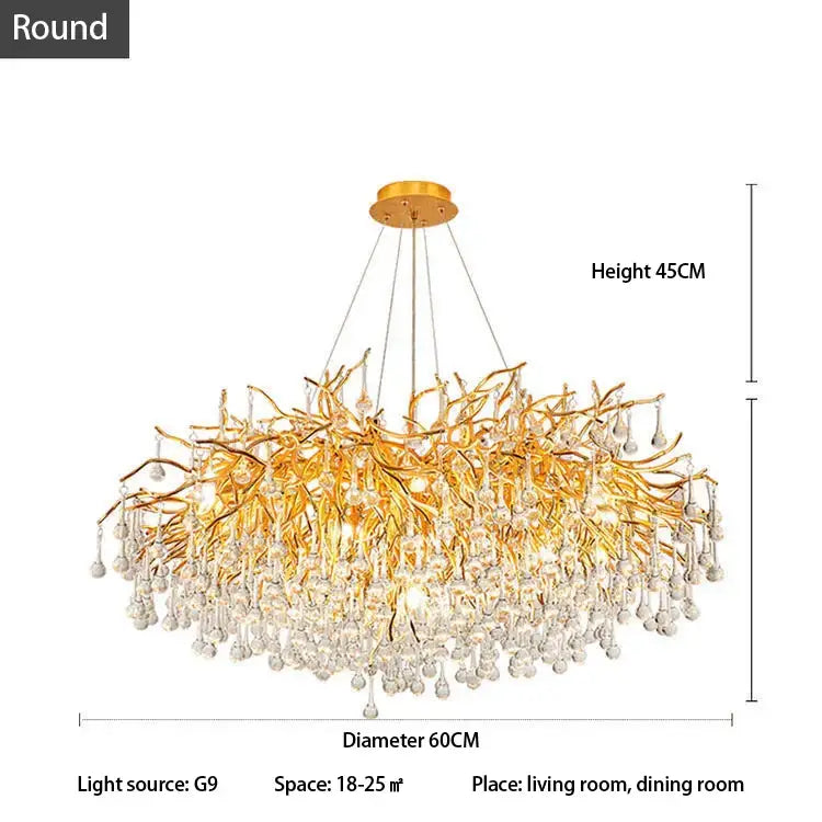 Luxury gold crystal tree branch chandelier with intricate branch-like arms and cascading clear crystal droplets for living room decorbites crystal tree