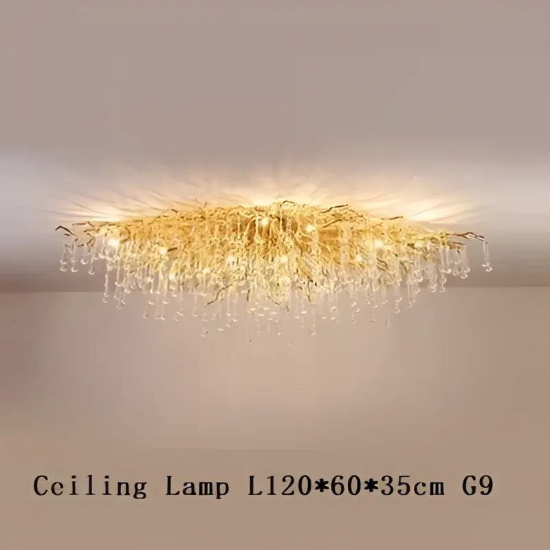 Luxury gold crystal tree branch chandelier with cascading glass droplets and modern, elegant design for living spaces