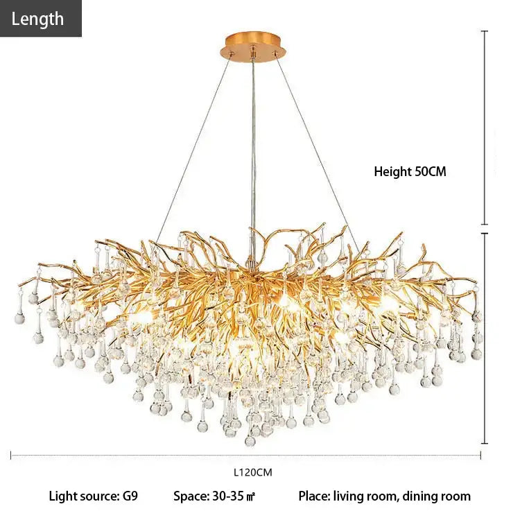 Luxury gold crystal tree branch chandelier with clear crystal droplets and brushed brass finish for living room decorbites crystal tree