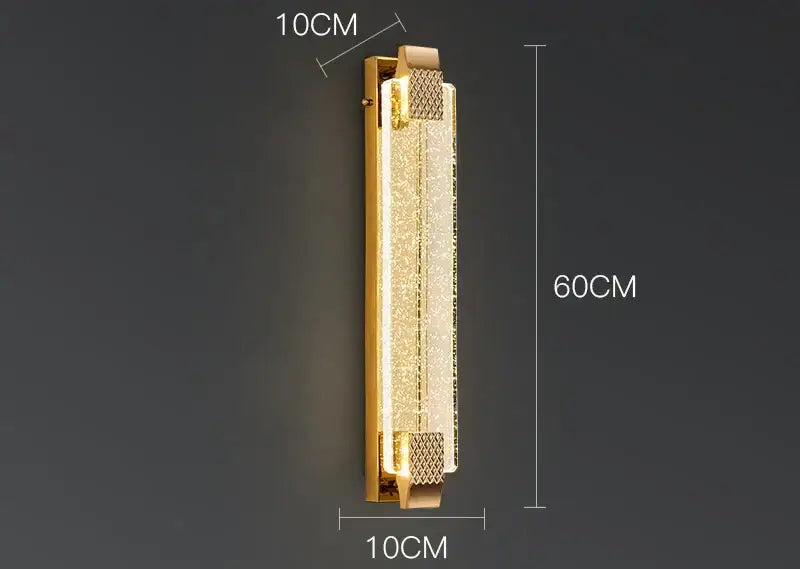 Luxury gold crystal wall lamp with textured sparkling glass panel and geometric patterned end caps for living room decorbites crystal wall lighting