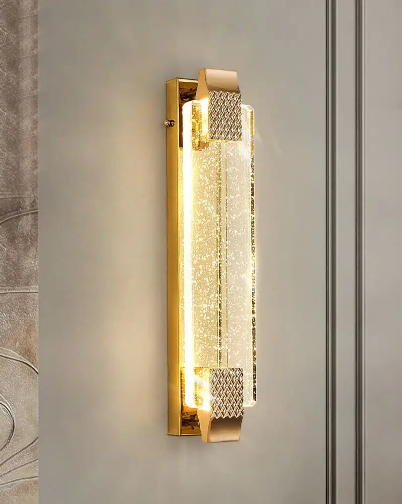 Luxury gold crystal wall lamp with textured sparkling crystal panel and geometric accents for living room lighting decorbites crystal wall