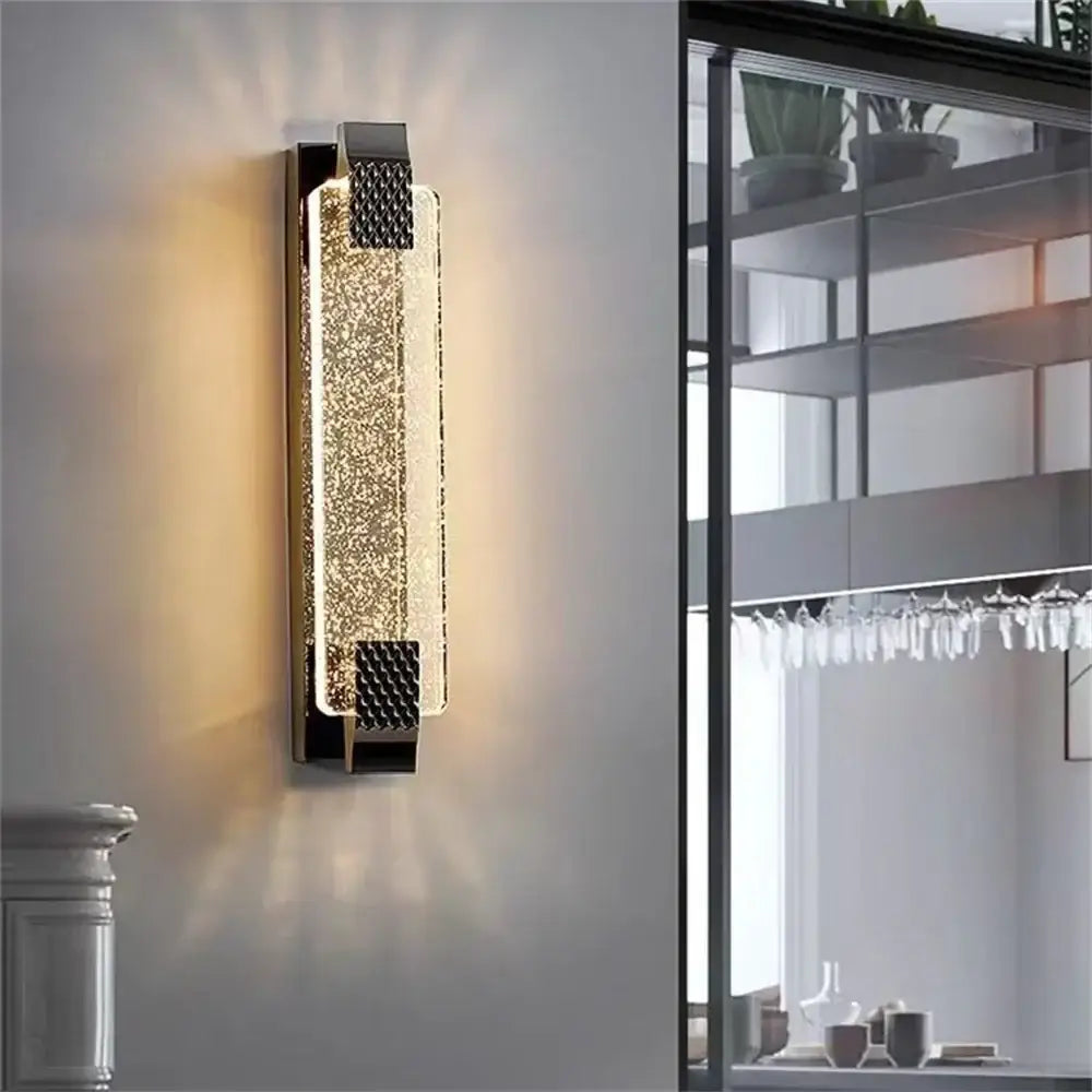 Modern luxury gold crystal wall lamp featuring a rectangular textured glass panel with black metal accents for living room decorbites crystal wall lighting