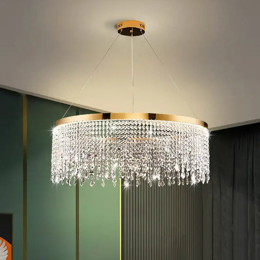 Luxury gold crystal water curtain pendant chandelier with gold metal frame and cascading clear crystal droplets for living room decorbites crystal water