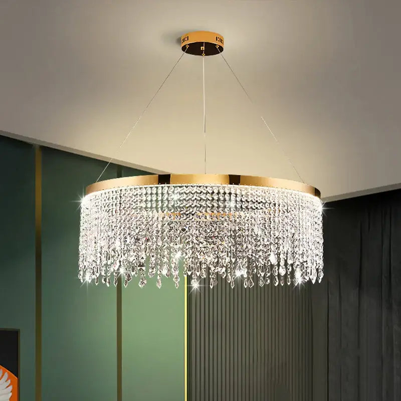 Luxury gold crystal water curtain pendant chandelier with gold metal frame and cascading clear crystal droplets for living room decorbites crystal water