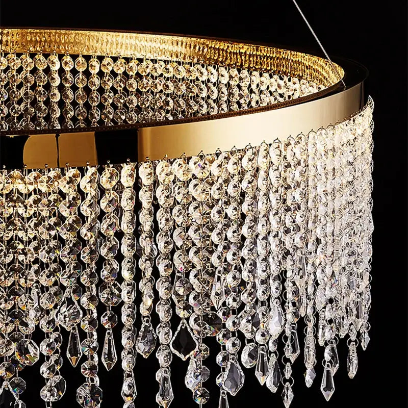 Luxury gold crystal water curtain pendant chandelier with cascading clear faceted beads for living room decorbites crystal water